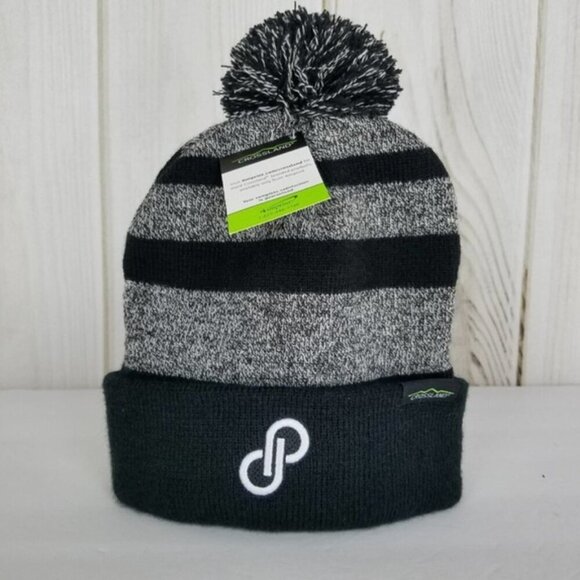 Poshmark Logo Pom Pom Beanie NWT Two Tone Cuffed Winter Cozy Fall Striped Warm - Picture 2 of 4